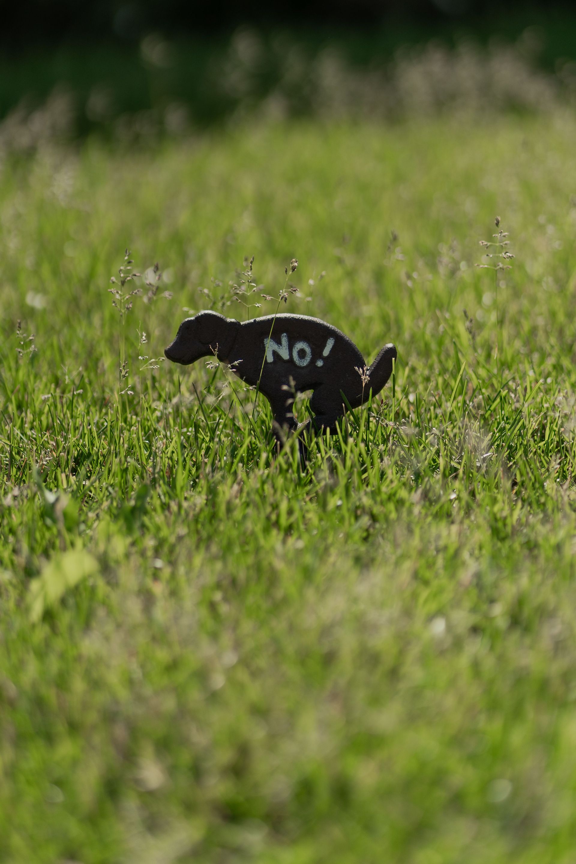 Iron dog sign with 'No!' message on lush green grass, discouraging pooping.
